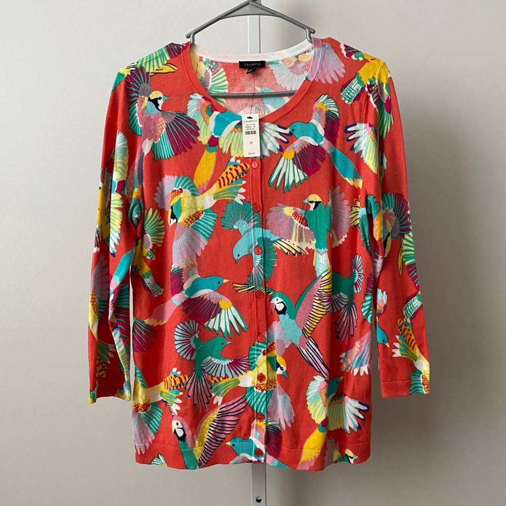 Talbots Cotton Tropical Quirky Bird Print Button Front Cardigan Size M Red